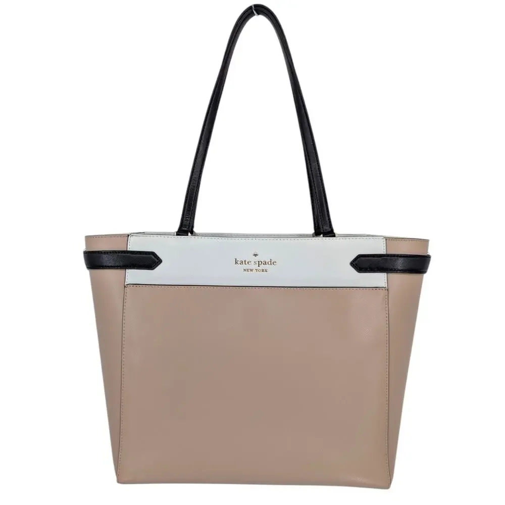 Kate Spade Staci Saffiano Leather Tote Beige Black Work Bag Large